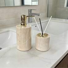 Luxury Marble Bathroom Accessories Set, Soap And Lotion Dispenser Bottles, Reed Diffuser With Tray, Elegant Vanity Storage Box, Home Decor - Beige - View 4