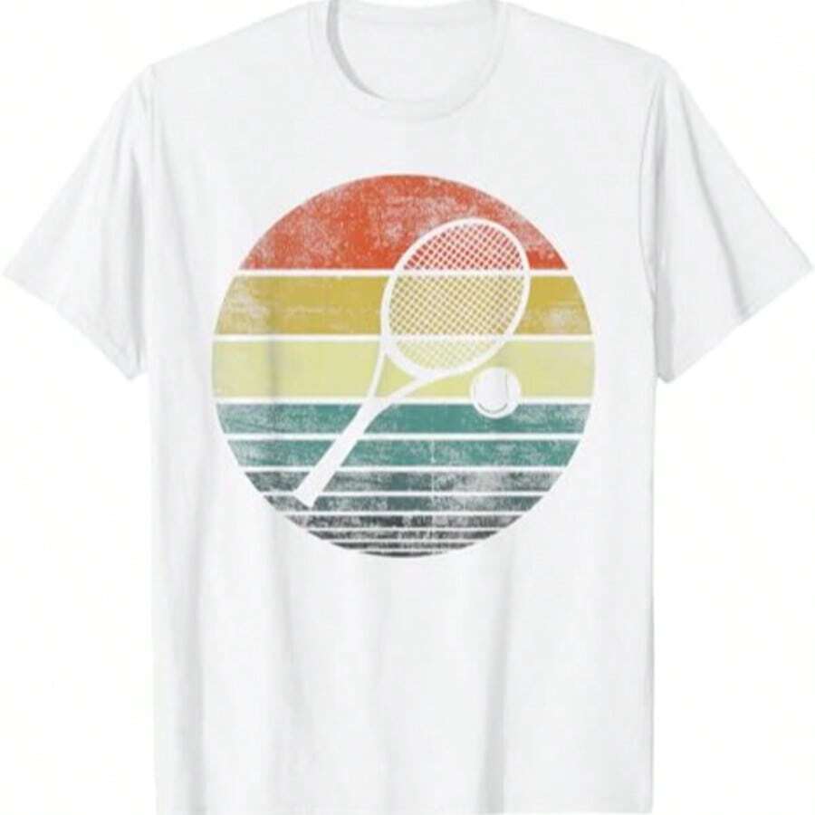 Tennis Player Gifts Retro Sunset Tennis Racquet & Ball T-Shirt1 - White - View 1