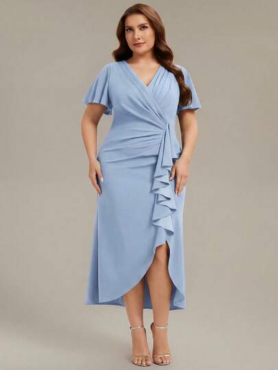 EVERPRETTY Đầm dạ hội nữ size lớn cổ chữ V xếp ly xẻ cao bất đối xứng màu xanh nhạt, váy dự tiệc cưới phong cách bán trang trọng cho tiệc tối