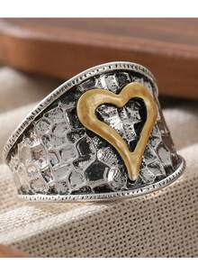 Women's Fashion Wide Band Ring, Handmade Hammered Texture, Two-Tone Heart Design, Eye-Catching, Versatile Daily Gift Accessory - Two-color - View 5