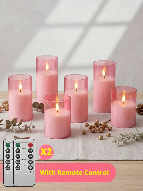 6入組無焰蠟燭燈套組，附遙控器/定時功能，電池供電粉色杯狀蠟燭，適用於桌面中心裝飾，適合聖誕節、萬聖節、情人節、禮物、生日、求婚、婚禮、餐桌、派對、節日氛圍佈置