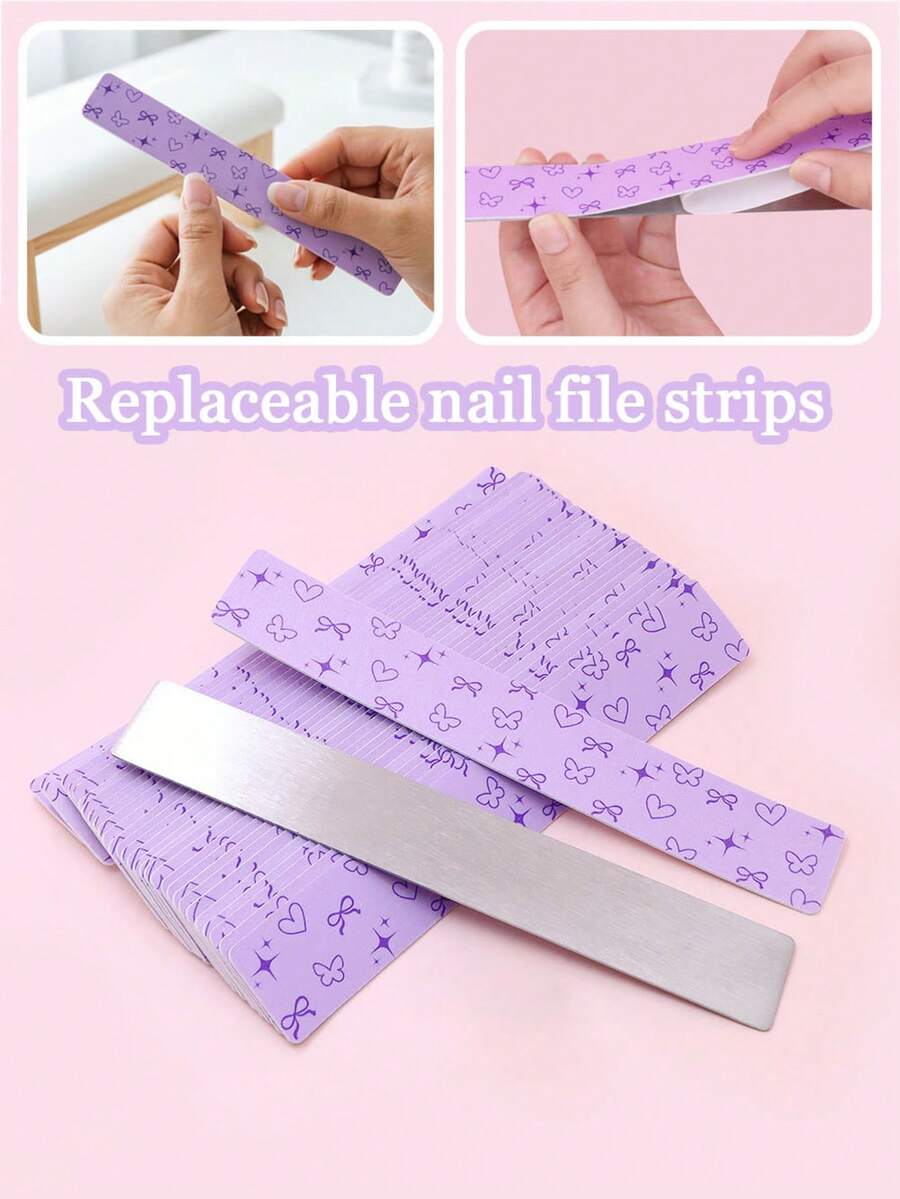 31/11/1pc Replaceable Wide Nail File Set, Cute Butterfly Pattern Nail Buffer Strips, Stainless Steel Material, 100/180 Grit Professional Sandpaper, Suitable For Removing Acrylic Nails And Extending Nails, Nail Polishing, Shaping, Salon And Home Use, Perfect For Pedicure And Manicure Tools