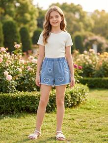 1pc Girls' Casual Loose Fit Denim Shorts, Comfortable & Versatile, Fashionable With Heart & Tassel Decor, Elastic Waist, Blue - Medium Wash - View 8