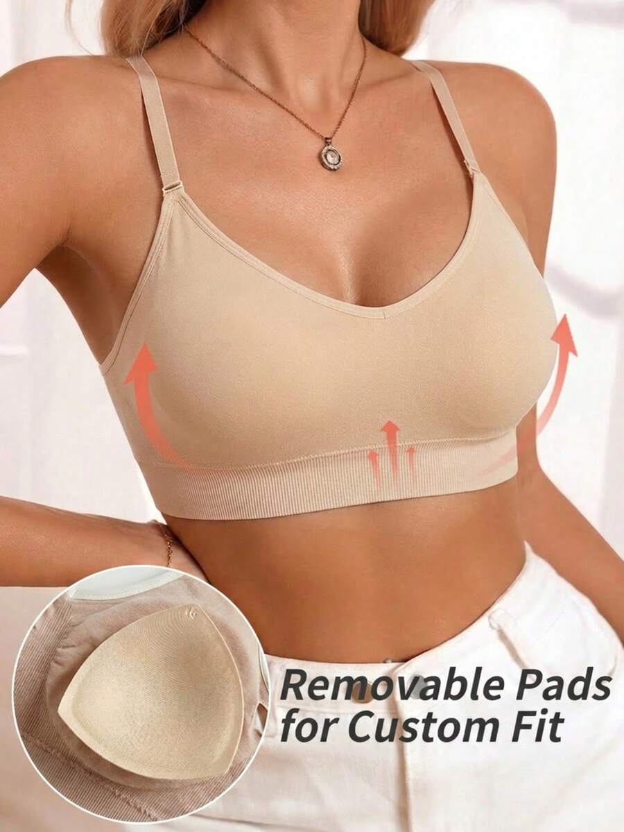 1 pièce Soutien-gorge de sport sans couture côtelé couleur chair pour femmes, bretelles spaghetti réglables, col en U avant et arrière, sans armature, coussinets amovibles, effet push-up, galbant et sculptant, ultra doux, respectueux de la peau, haute élasticité, anti-plissement, confortable, débardeur de fitness, convient pour l'entraînement en salle de sport, le yoga, le pilates, la course, le superposage quotidien, le sommeil à la maison et le port décontracté de rue - Nude - Voir 1