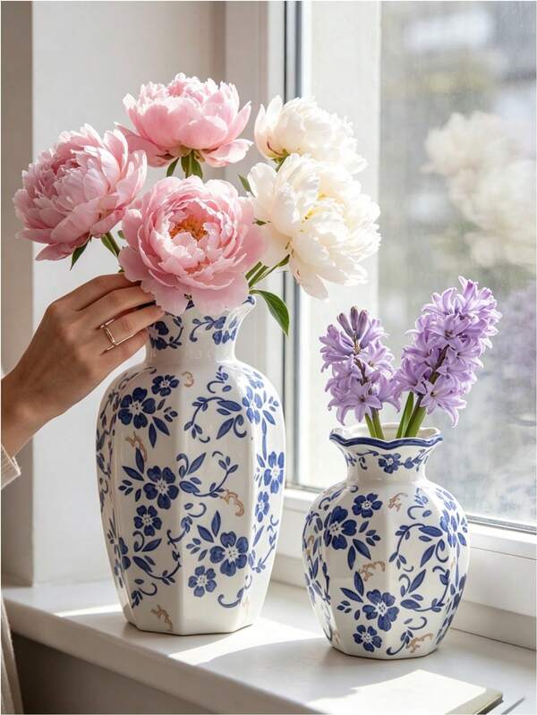 Klassisches chinesisches Porzellanvasen-Set in Blau und Weiß, mit Blumenmuster, retro dekorative Vasen geeignet für Wohnzimmer, Büro und Boho-Stil Wohndekoration