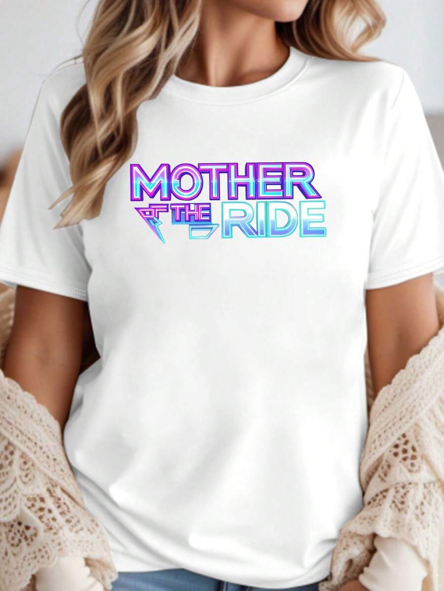 Women's MOTHER OF THE RIDE Printed T-Shirt, Spring/Summer Short-Sleeve T-Shirt, The Perfect Holiday Gift. - White - View 1