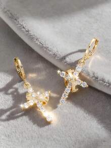Anting-anting Wanita Gaya Pelajar yang Imut dan Lembut, Bertatahkan Salib Mutiara Imitasi dan Zirkonia, Bahan Tembaga, Cocok untuk Pemakaian Sehari-hari - YE0325 - View 6