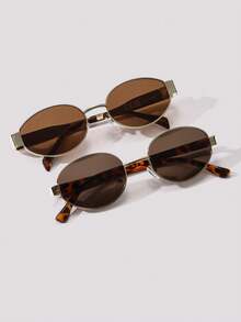 Visivana 2pcs Retro Brown Metal Fashion Glasses, Classic Design For Outdoor Travel, Beach, Casual Wear, Summer Sun Protection Elegent Modern - Brown - View 1