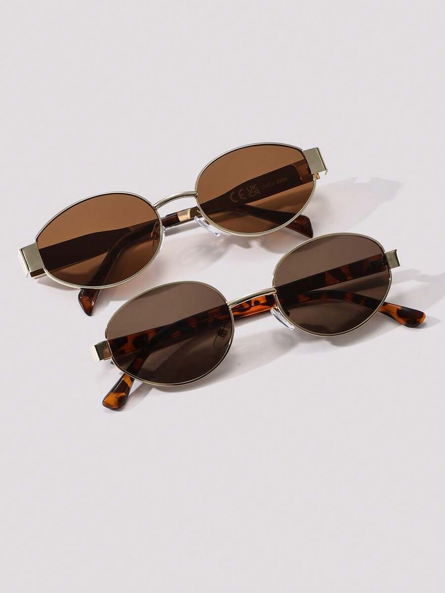 Visivana 2pcs Retro Brown Metal Fashion Glasses, Classic Design For Outdoor Travel, Beach, Casual Wear, Summer Sun Protection Elegent Modern - Brown - View 1