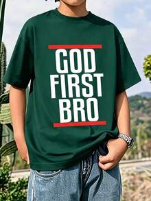 Teen Boys Cartoon Slogan Print Crew Neck T-Shirt, Spring/Summer Y2K Style Casual Soft Top - Dark Green - View 1