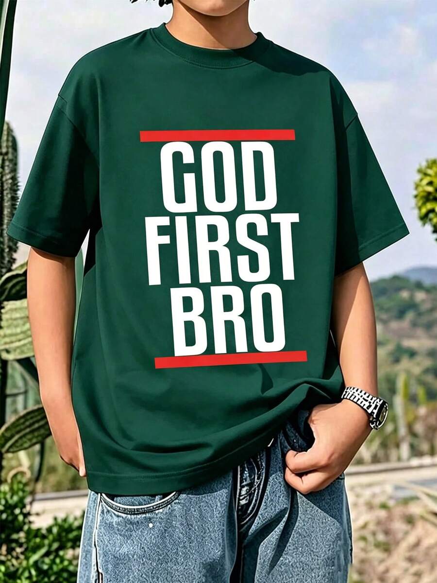 Teen Boys Cartoon Slogan Print Crew Neck T-Shirt, Spring/Summer Y2K Style Casual Soft Top - Dark Green - View 1