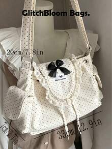 Túi đeo vai ren chấm bi dễ thương - Túi đeo chéo trang trí nơ xinh xắn, phong cách Lolita. - trắng - Xem 5