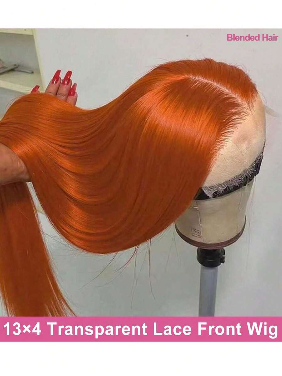#350 Cor Laranja Gengibre Densidade 200% 13*4 34 Polegadas Peruca Lace Front Reta Cabelo Virgem Brasileiro De Orelha a Orelha Pré-Arrancado HD Transparente Peruca Lace Frontal Reta Sem Cola Pré-Cortada Cabelo Humano Frontal Perucas Para Mulheres Usar e Ir Cabelo Misturado