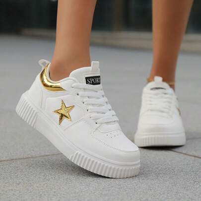 Women's White Platform Sneakers, Gold Star & Metallic Heel Decor Casual Skate Shoes, Thick Sole Lace-Up Fashion Sneakers For Daily Streetwear