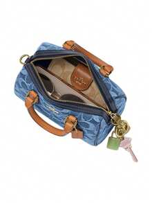 Coach Rowan 18 Monogram Zippy Small Satchel Purses Boston Handle Handbag - Denim Blue - View 3