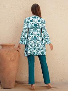 Muslim Style Floral Print Burkini, Long Bell Sleeve Top With Leggings, Elegant Full Coverage Swimwear For Vacation - Multicolor - View 2