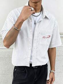Men's Printed Street Style Striped Short Sleeve Shirt - White - View 3