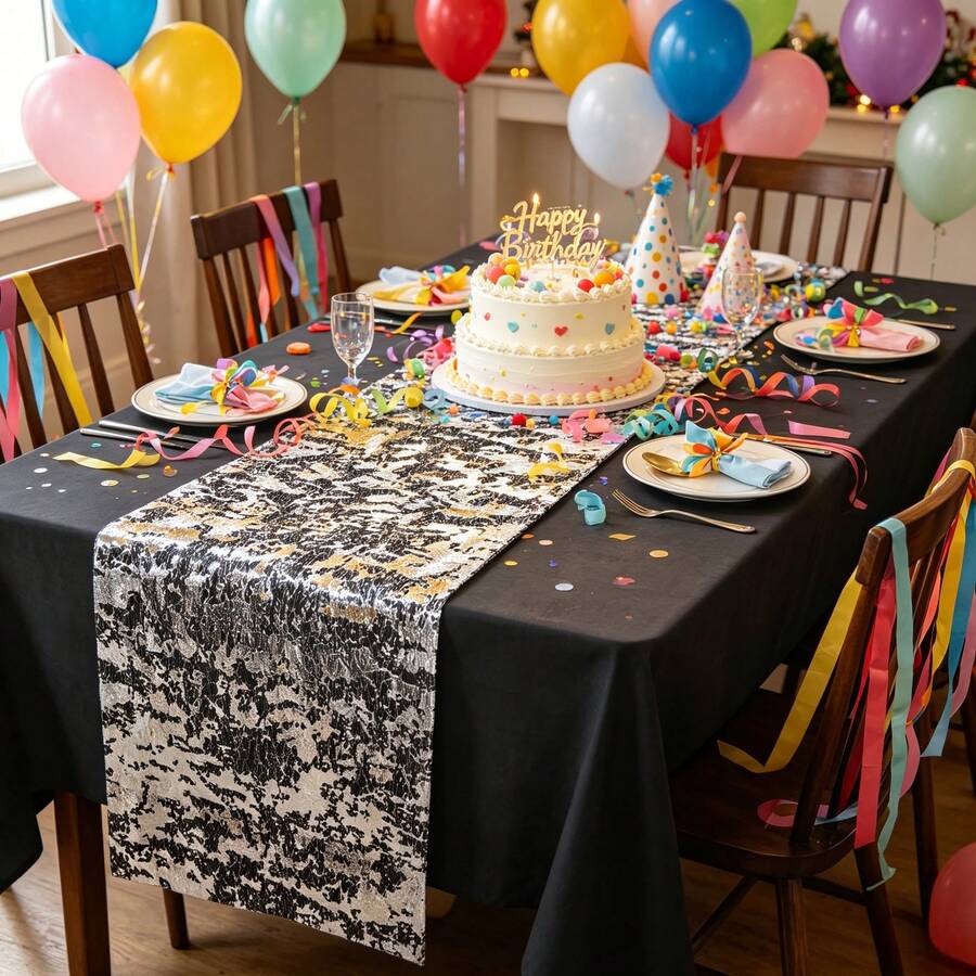 1pc/2pcs Vibrant Gold Foil Table Runner - Elegant Indoor/Outdoor Home Party Decor, Suitable For Holiday Celebrations - Silver - View 1