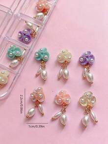 3D Aurora Shell Flower Pearl Nail Charms, 12Pcs Iridescent Floral Nail Art Decorations With Hanging Pearl Pendants , Japanese Style Resin Nail Charms For DIY Manicure, Nail Art Supplies Summer Collection Nail Accessories, Nail Products - Multicolor - View 2