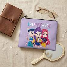 Miniso 可愛 Q 版 Huntrix 化妝包，三位角色 & "HUNTRIX" Logo 印花帆布拉鍊收納袋，便攜式化妝品、旅行與日常用品收納袋 - 10x8.1英寸 - 查看 1