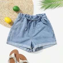 yonghongmaoyi1 Shorts en mezclilla de cintura con volante bajo de doblez - Azul lavado medio - Ver 2