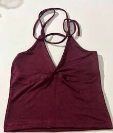 Minimalist Halter Top With V-Neck And Neck Tie - Summer - Màu Đỏ Sâu - Xem 9