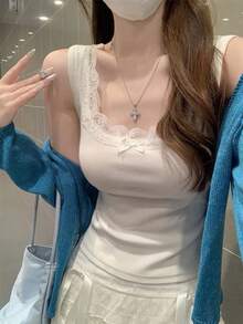 Women's Lace Patchwork Bow Decor Square Neck Fitted Tank Top, Spring/Summer Style White - White - View 3