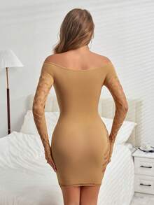Women's Fashion Sexy Hollow Out Off-Shoulder Fitted Bodycon Dress Elegant - Khaki - View 3