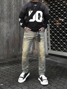 Mud Yellow Vintage Distressed Straight Leg Jeans, Street Style Ripped Denim Pants, American High Street Cat Whisker Texture Jeans, Patchwork All-Season Wear Men's Jeans - Blue - View 1