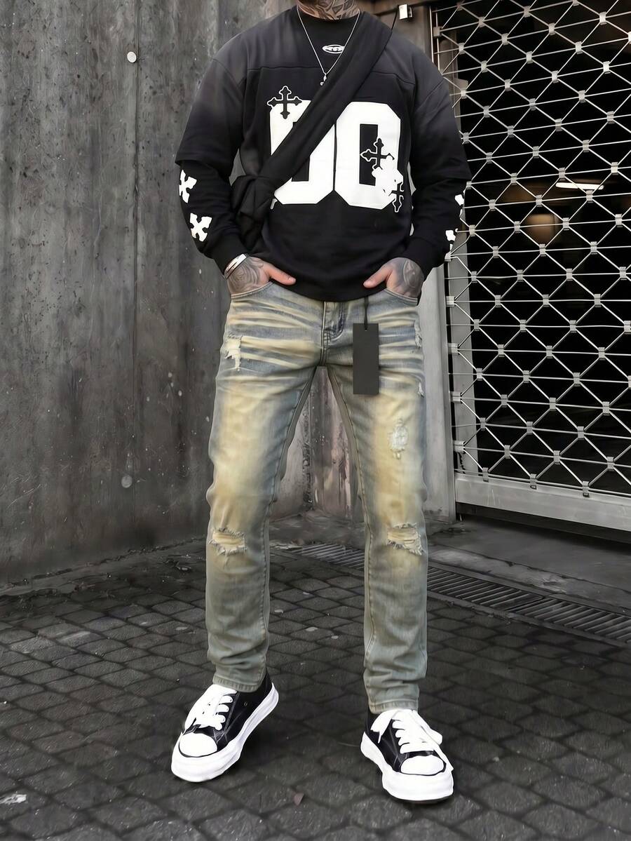 Mud Yellow Vintage Distressed Straight Leg Jeans, Street Style Ripped Denim Pants, American High Street Cat Whisker Texture Jeans, Patchwork All-Season Wear Men's Jeans - Blue - View 1