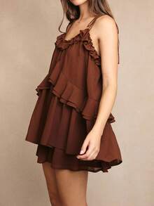 Womens Summer Romper Dress Chiffon Spaghetti Strap Sleeveless Ruffle Tiered Short Jumpsuits Beach Vacation Rompers - Brown - View 5