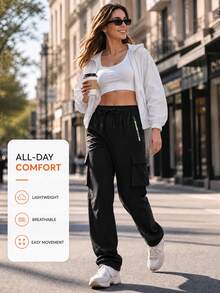 1pc Women's Outdoor Casual Sports Pants, Multi-Pocket Cargo Long Pants, Thin Casual Pants, Women's Straight Leg Cargo Pants, Zipper Pockets Black - Black - View 3