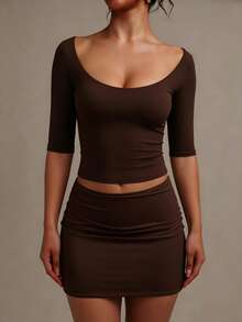 XLLAIS Sexy Sweetheart Neck Yoga Basic High Elasticity Naked Feel Slim Fit Brown 3/4 Sleeve Summer Sports T-Shirt Casual Back To School Style - Dark Brown - View 3