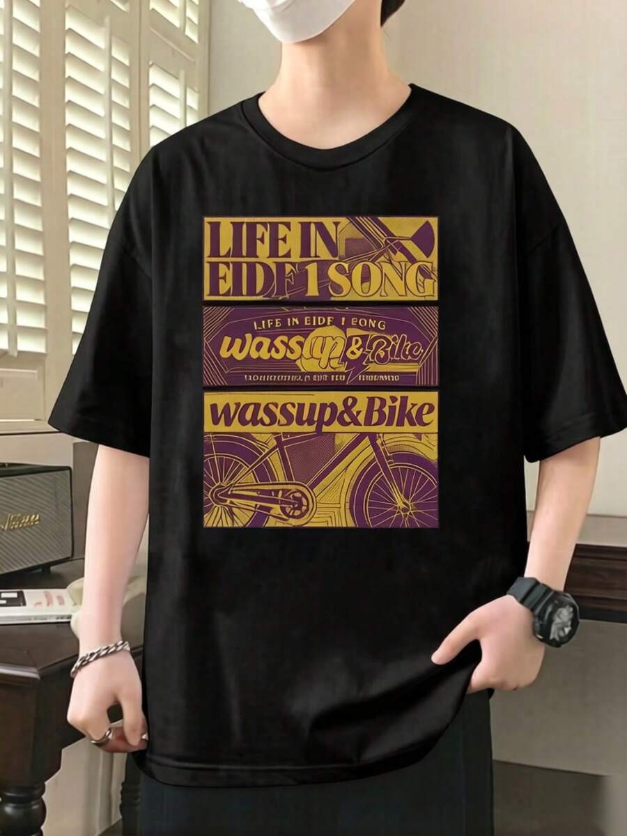 Men's Casual Geometric Pattern Print Short Sleeve Black Cotton T-Shirt - Casual Henley Neck Summer Tee With Retro Graphic, Machine Washable Shirt For Casual Wear, Gym & Everyday Comfort - 黑色 - 查看 1