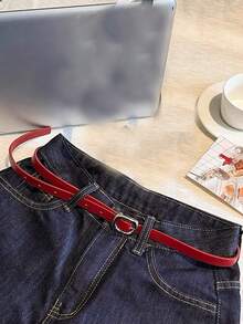 1件純色休閒PU皮革時尚女款細腰裝飾繩腰帶，適合四季穿搭 - 紅色 - 查看 2