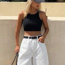 jianchaimaoyi02  Pantalones cortos de mezclilla casuales y sueltos de unicolor para mujer, de verano - Blanco - Ver 7