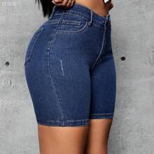 jianchaimaoyi02  Pantalones Cortos De Mezclilla Ajustados De Cintura Alta Para Mujeres - Azul lavado medio - Ver 2