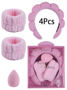 4 Pcs Puffy Spa Headband And Wristband Set With Delicate Gift Box- Sponge Makeup & Skincare Headband For Washing Face, Gifts Options And Daily Use - Multicolor - View 1