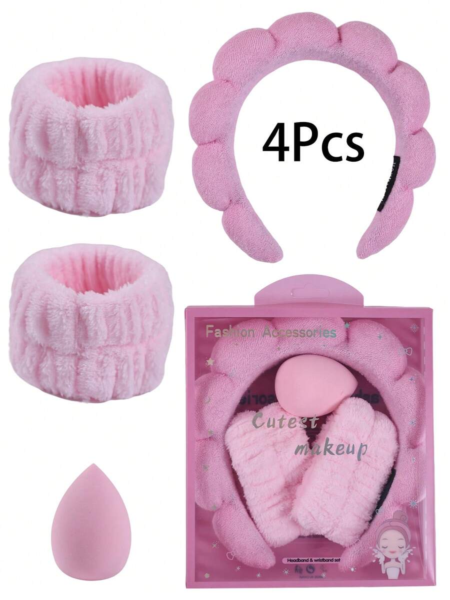 4 Pcs Puffy Spa Headband And Wristband Set With Delicate Gift Box- Sponge Makeup & Skincare Headband For Washing Face, Gifts Options And Daily Use - Multicolor - View 1