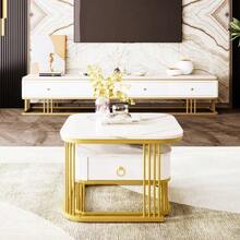 Stackable Coffee Table: Glossy Marble Look, Gold Details, Side Table With Drawers. Set Of Two Pieces. - White - View 6