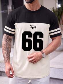 Men's Summer 66 Number Print Round Neck Contrast Color Sports T-Shirt - Apricot - View 9