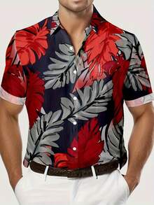Men's Digital Print Fashion Short Sleeve Pocket Shirt, Hawaiian Style, Plant Print, Daily Casual, Vacation Beach Shirt - 彩色 - 查看 3