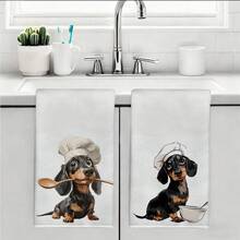 2pcs Dachshund Theme Chef Series Illustration Pattern Kitchen Towels, Rectangular Microfiber Kitchen Towels, Dishcloths, Scouring Pads, Hand Towels, Cooking Baking Tea Towels, Kitchen Decor, Housewarming Gift, Birthday Gift, Bathroom Cleaning Wet Wipes, Decorative Towels - Multicolor - View 10