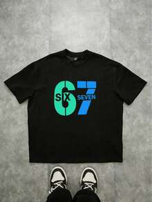 男童黑色“67 SIX SEVEN”印花短袖T恤，儿童休闲街头风上衣 - 黑色 - 查看 1