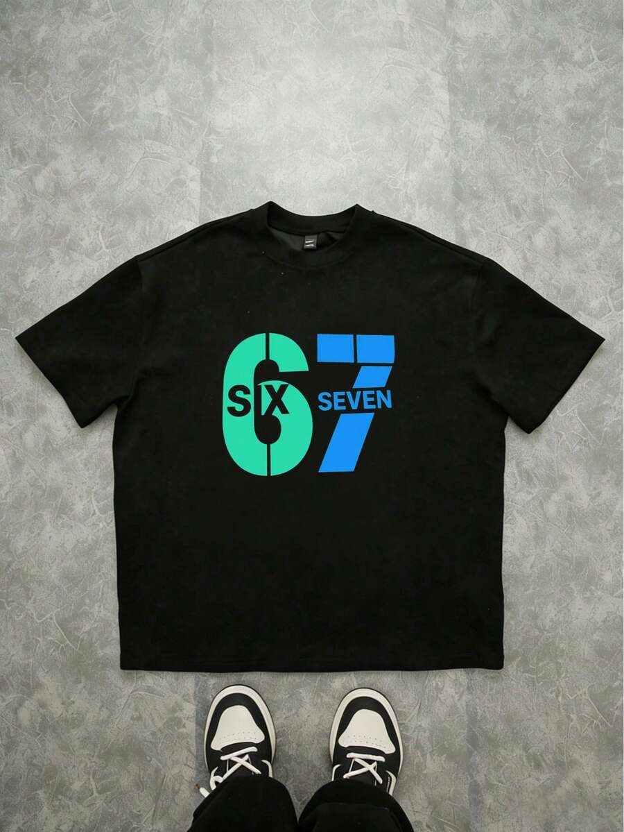 男童黑色“67 SIX SEVEN”印花短袖T恤,儿童休闲街头风上衣 - 黑色 - 查看 1