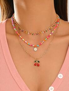 3pcs Sweet Colorful Seed Bead Daisy Flower Pendant Necklace - Multicolor - View 2