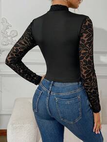 Sexy Long Sleeve Lace Patchwork Cropped Camisole - Black - View 5