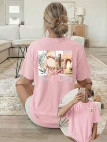 Camiseta de Mujer 180g 100% Algodón con Estampado de Doble Cara, Hoja de Palma Cruzada, Cuello Redondo, Manga Corta - Rosa - Ver 1