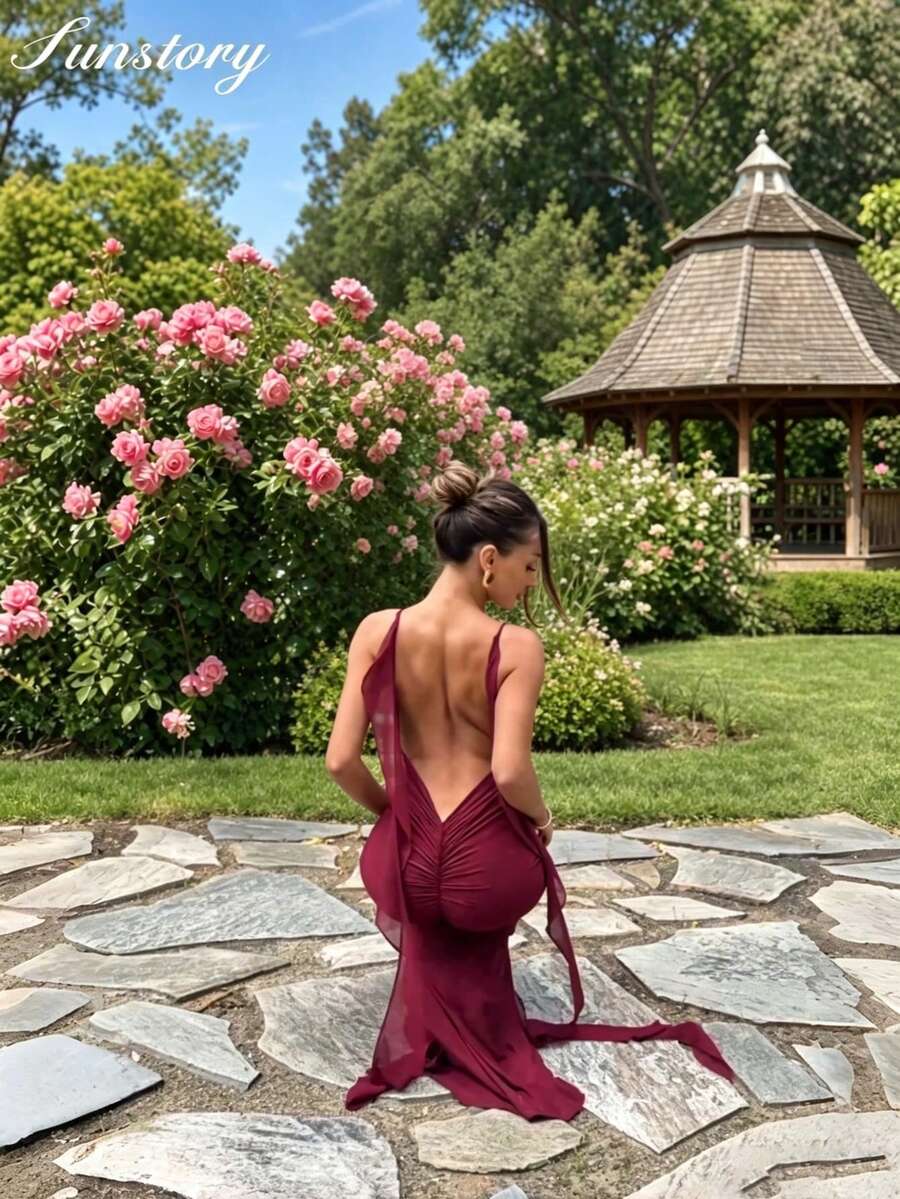Red Backless V-Neck Maxi Dress, Bohemian Ruffle Pleated Tie-Back Elegant Sexy Dress,For Valentine's Day, Weddings, Vacations And Parties.
