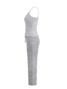 LovelyWholesale Conjunto de 2 piezas de top de punto acanalado con cuello en V y pantalones con cordón para mujer, atuendo casual y elegante de verano - Gris - Ver 5